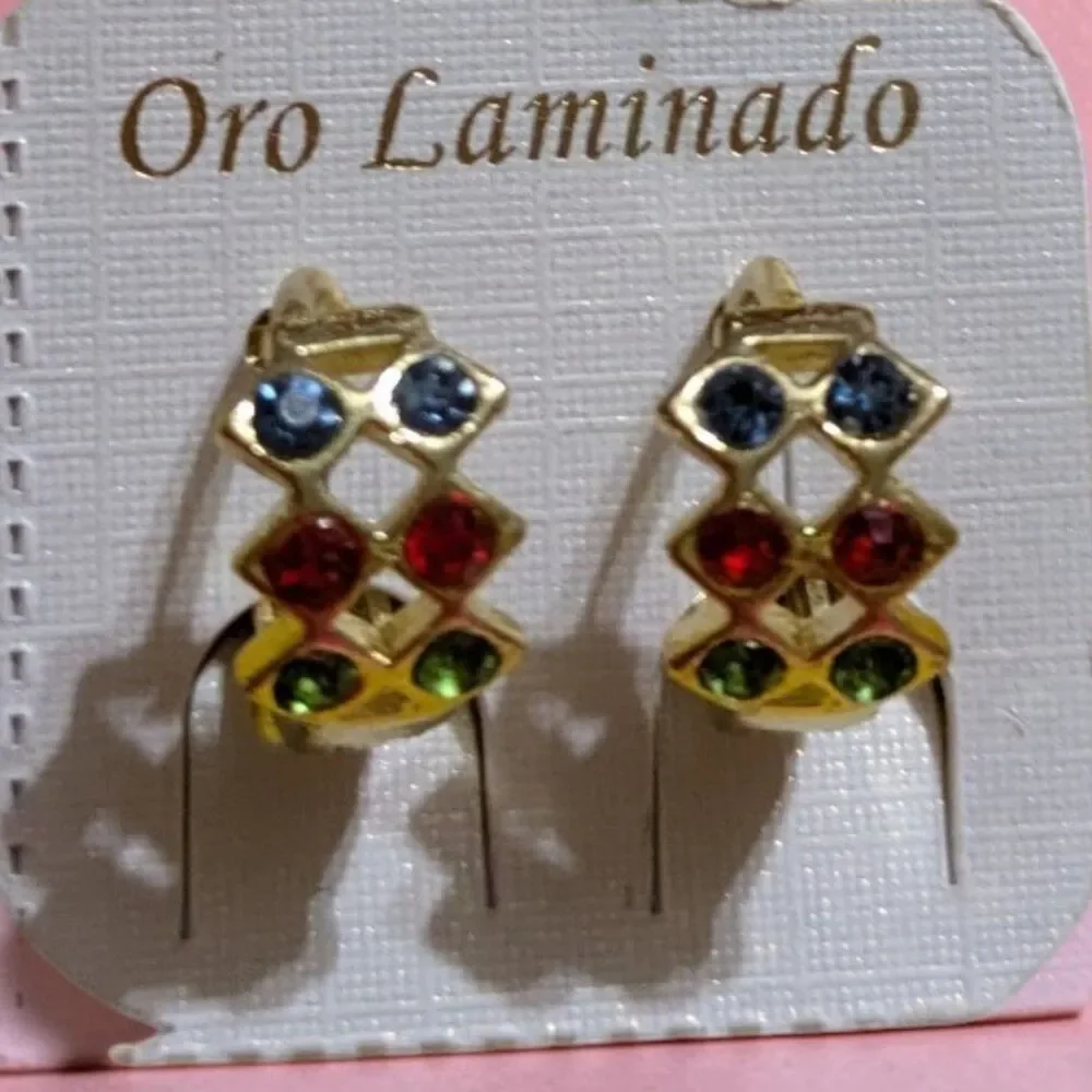 Oro Laminado Gold Plated Multicolor Rhinestone Huggie Hoop Earrings, Clip On
